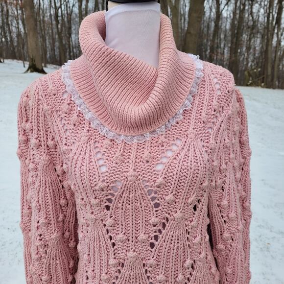 Vintage 3D Open Knit Pink Cotton Sweater Metropolis by Catharine Lover sz Large - Picture 2 of 14